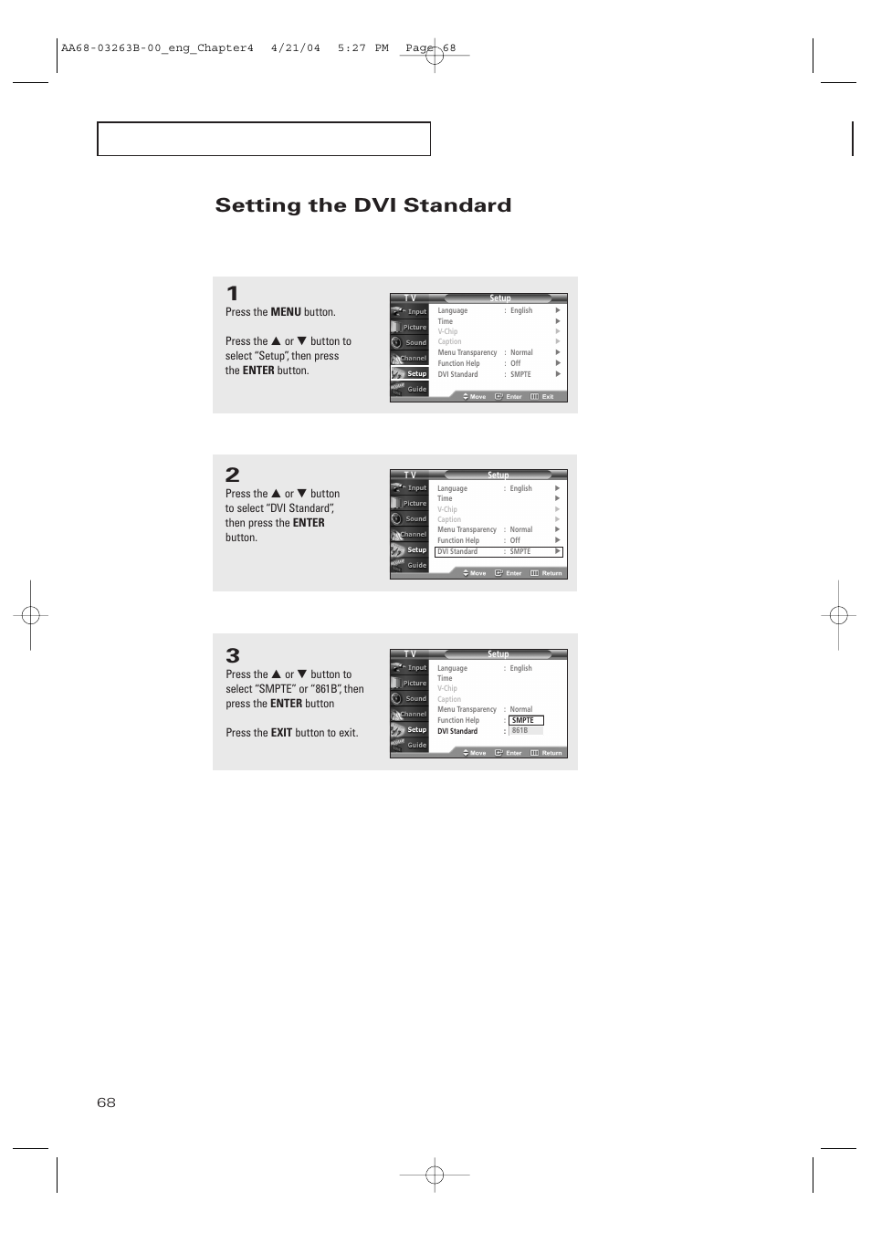 Setting the dvi standard | Samsung TXP2675WHX-XAA User Manual | Page 68 / 80