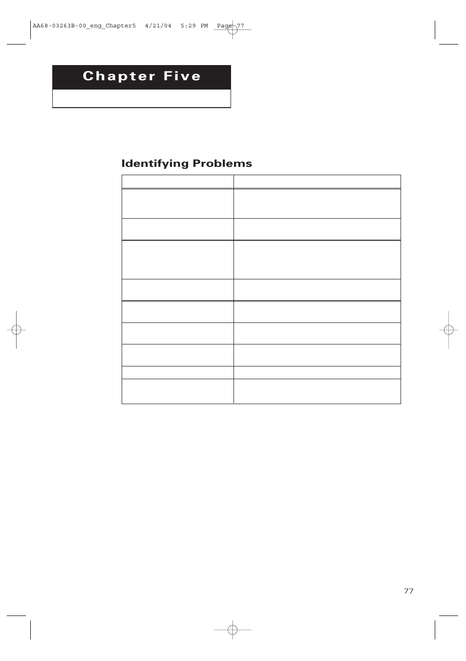 Chapter 5: troubleshooting, Identifying problems | Samsung TXP2675WHX-XAA User Manual | Page 77 / 80