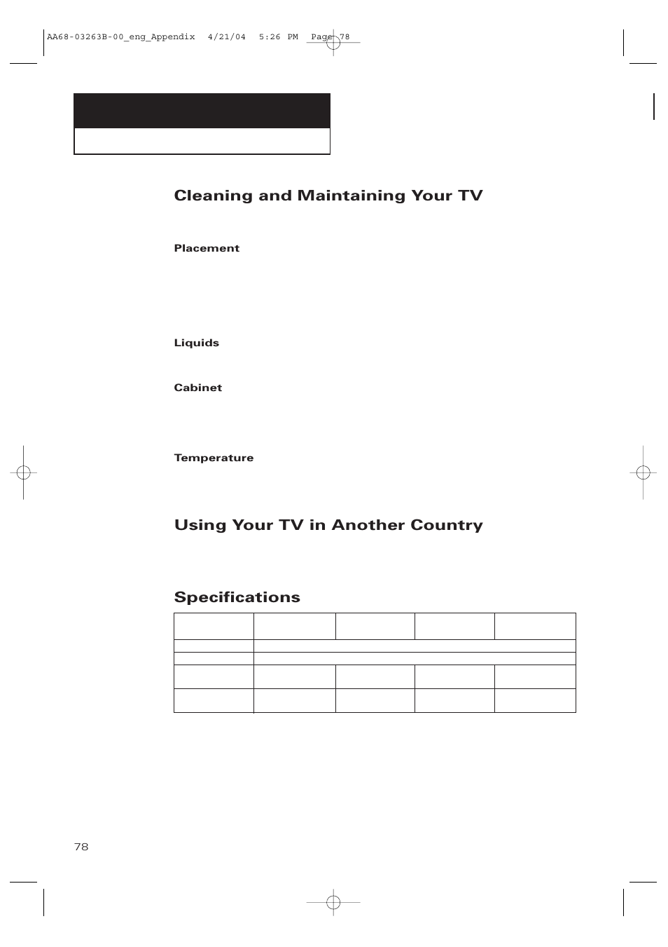 Appendix, Cleaning and maintaining your tv, Using your tv in another country | Specifications | Samsung TXP2675WHX-XAA User Manual | Page 78 / 80