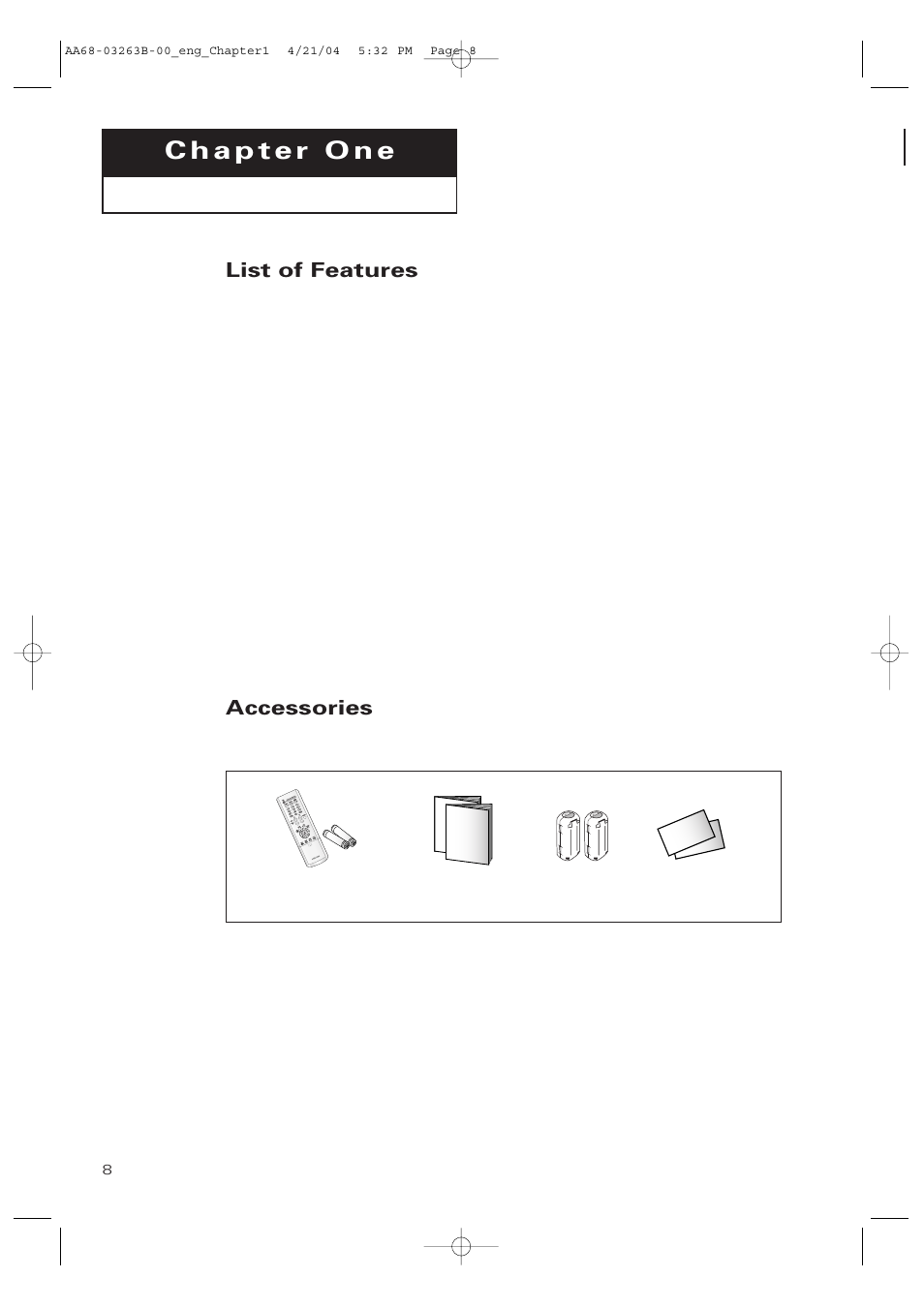 Chapter 1: your new digital tv, List of features, Accessories | Samsung TXP2675WHX-XAA User Manual | Page 8 / 80