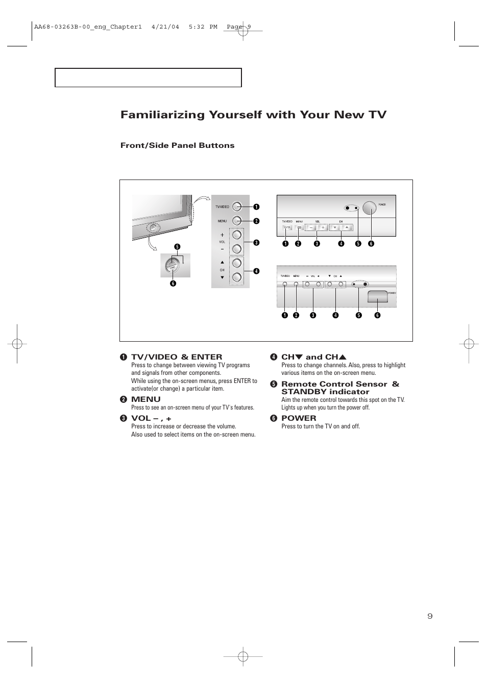 Familiarizing yourself with your new tv, Front panel buttons | Samsung TXP2675WHX-XAA User Manual | Page 9 / 80