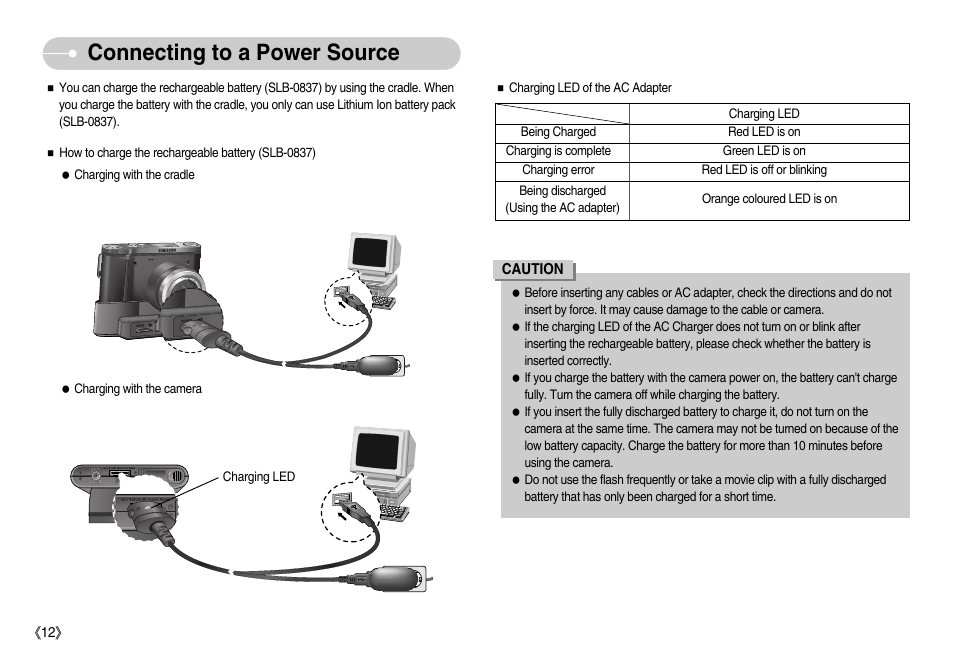 Aconnecting to a power source, Caution | Samsung EC-NV7ZZBBA-US User Manual | Page 13 / 82