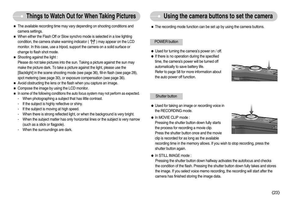 Using the camera buttons to set the camera, Things to watch out for when taking pictures | Samsung EC-NV7ZZBBA-US User Manual | Page 24 / 82