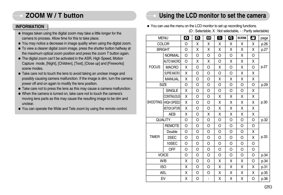 Using the lcd monitor to set the camera, Zoom w / t button | Samsung EC-NV7ZZBBA-US User Manual | Page 26 / 82
