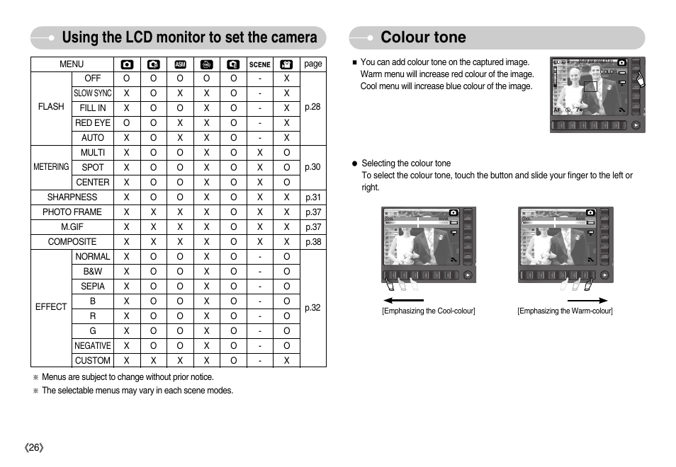 Colour tone, Using the lcd monitor to set the camera | Samsung EC-NV7ZZBBA-US User Manual | Page 27 / 82