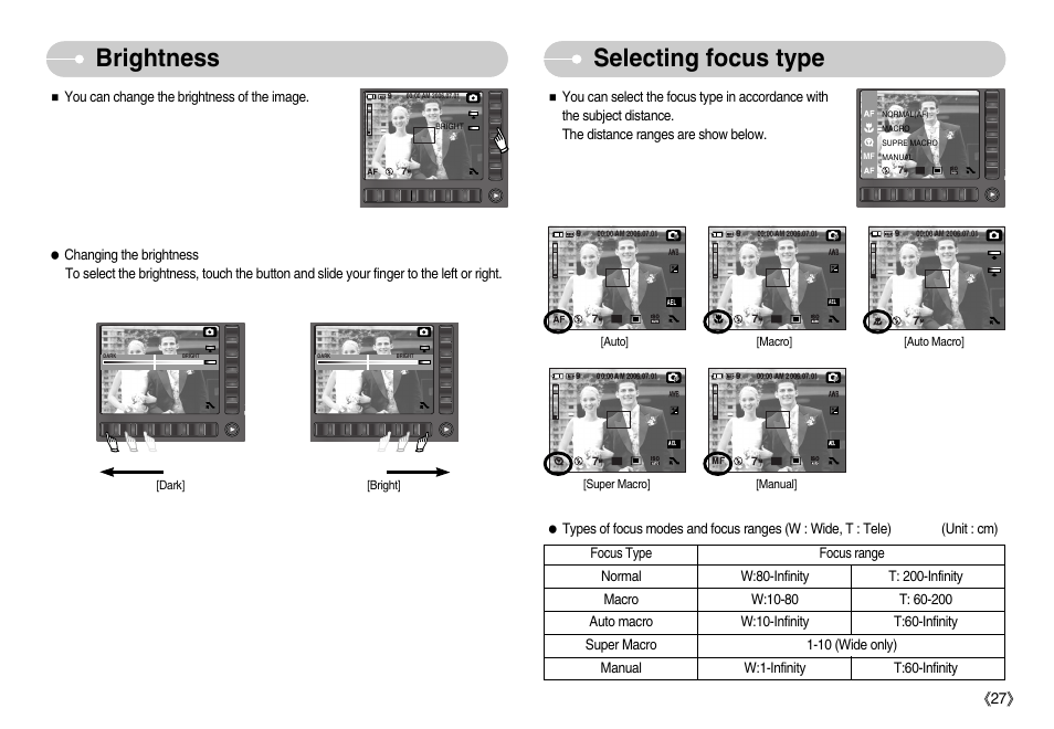 Selecting focus type, Brightness, Ś27ś | Samsung EC-NV7ZZBBA-US User Manual | Page 28 / 82