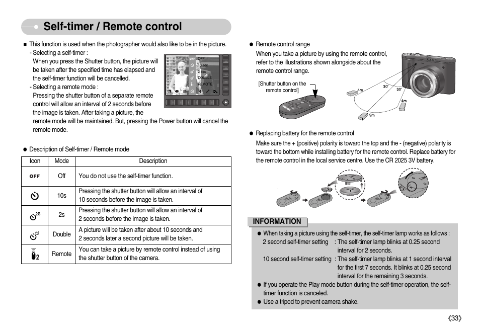 Self-timer / remote control, Information, Ś33ś | 2 m eg a p ix el s | Samsung EC-NV7ZZBBA-US User Manual | Page 34 / 82