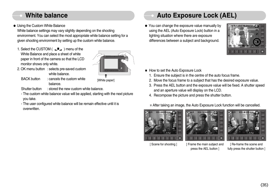 Auto exposure lock (ael), White balance, Ś35ś | Samsung EC-NV7ZZBBA-US User Manual | Page 36 / 82