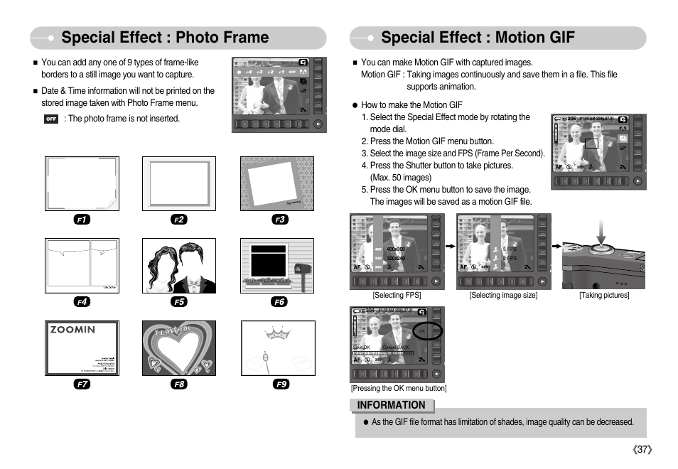 Special effect : photo frame, Special effect : motion gif, Information | Samsung EC-NV7ZZBBA-US User Manual | Page 38 / 82