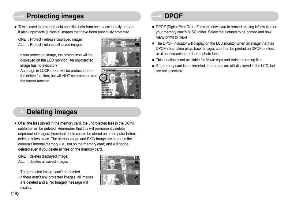 Protecting images, Deleting images, Dpof | Samsung EC-NV7ZZBBA-US User Manual | Page 49 / 82