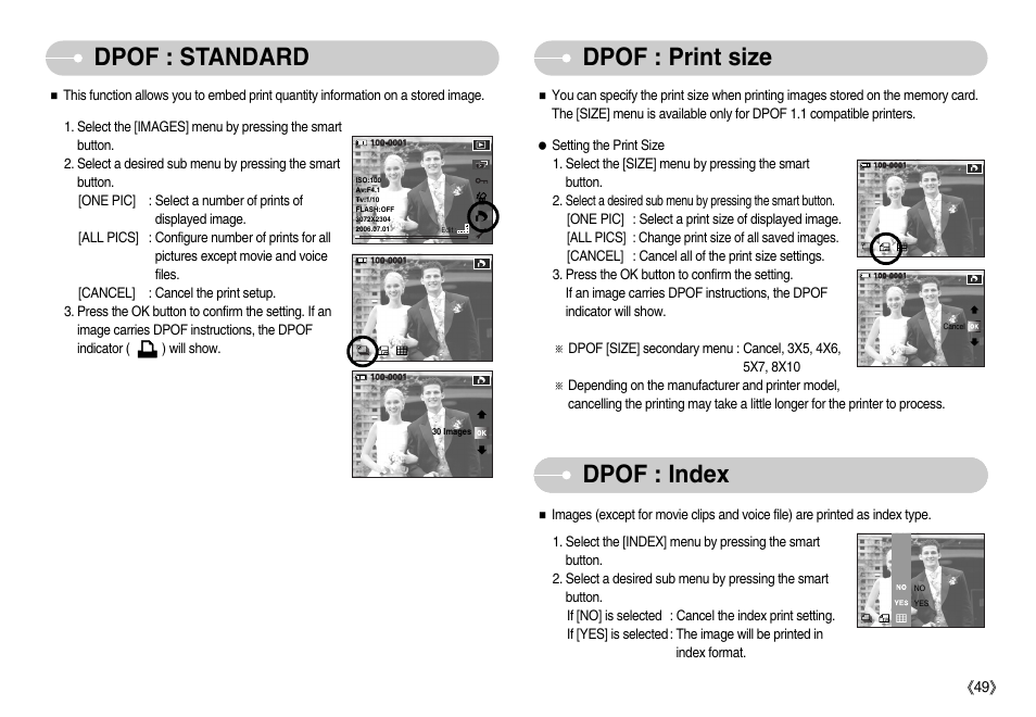 Dpof : standard, Dpof : print size, Dpof : index | Samsung EC-NV7ZZBBA-US User Manual | Page 50 / 82