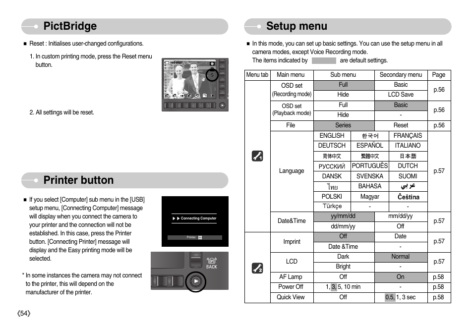Pictbridge, Printer button, Setup menu | Samsung EC-NV7ZZBBA-US User Manual | Page 55 / 82
