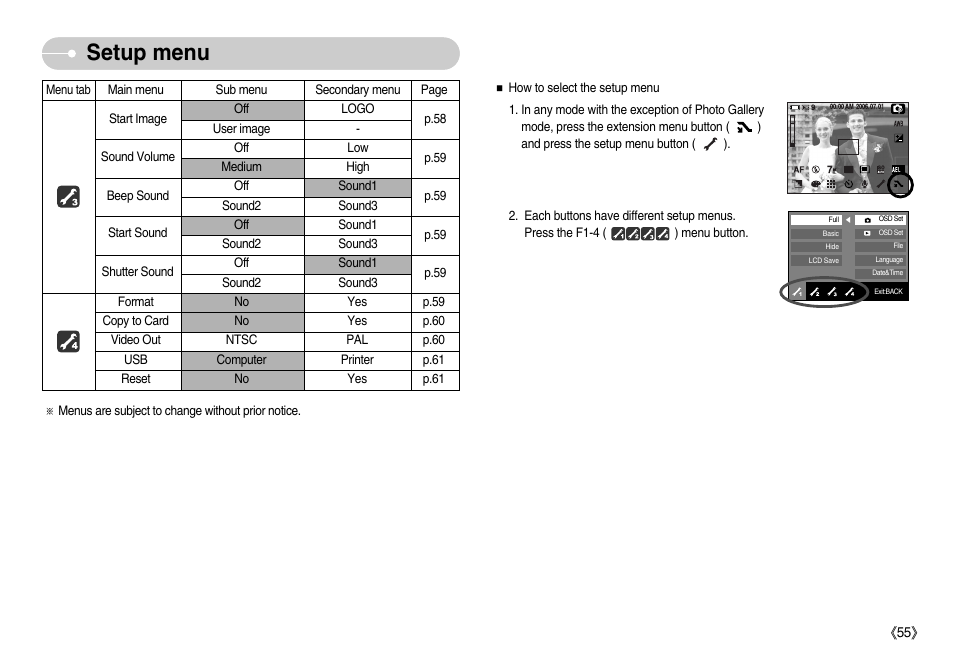 Setup menu | Samsung EC-NV7ZZBBA-US User Manual | Page 56 / 82