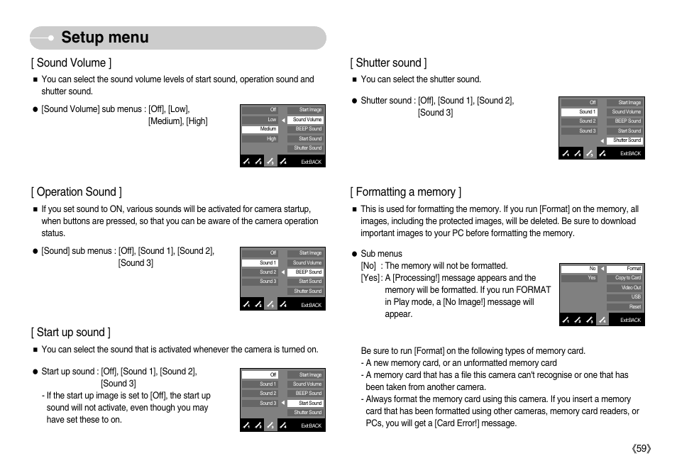 Setup menu, Start up sound, Sound volume | Operation sound, Shutter sound, Ś59ś | Samsung EC-NV7ZZBBA-US User Manual | Page 60 / 82