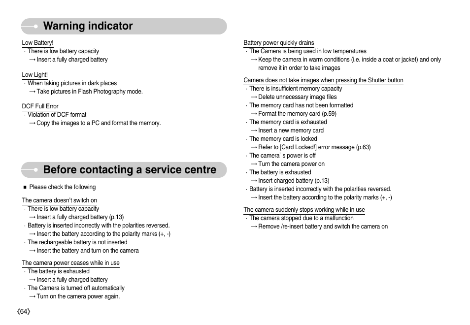 Before contacting a service centre, Warning indicator | Samsung EC-NV7ZZBBA-US User Manual | Page 65 / 82