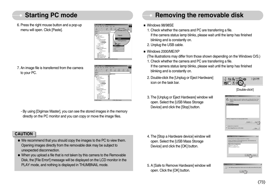 Removing the removable disk starting pc mode | Samsung EC-NV7ZZBBA-US User Manual | Page 74 / 82