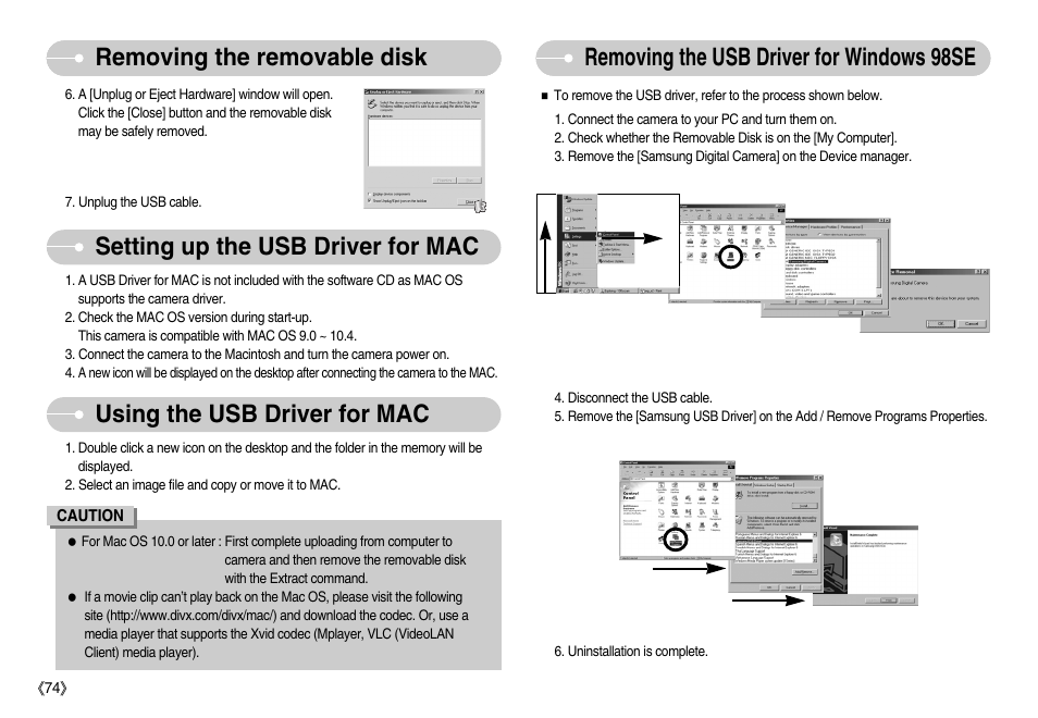 Removing the usb driver for windows 98se, Removing the removable disk | Samsung EC-NV7ZZBBA-US User Manual | Page 75 / 82
