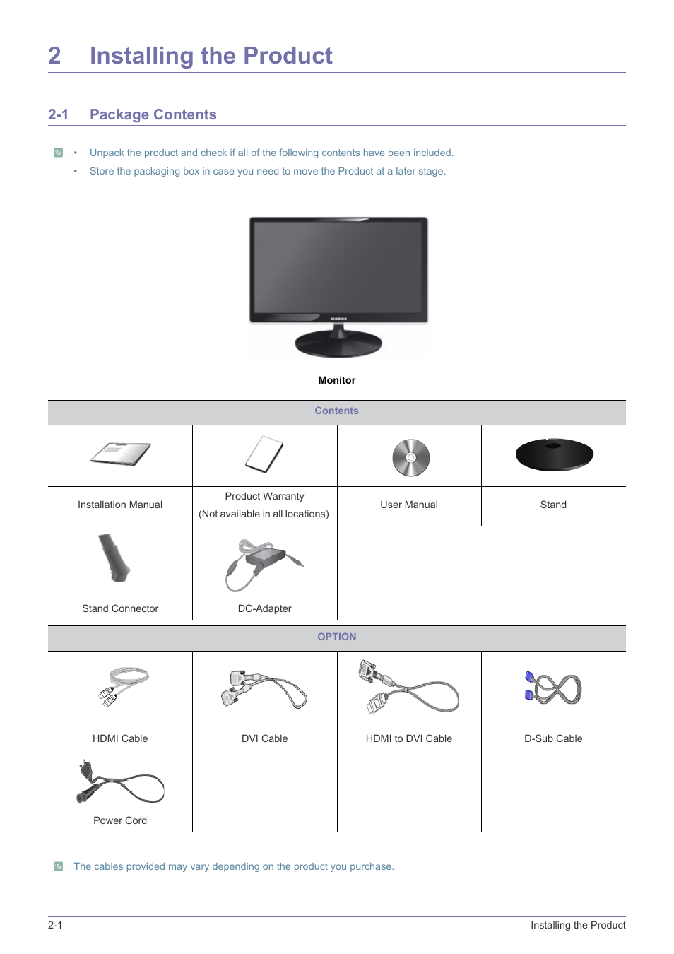 2 installing the product, 1 package contents, Installing the product | Package contents -1, 2installing the product | Samsung LS23A350BS-ZC User Manual | Page 12 / 87