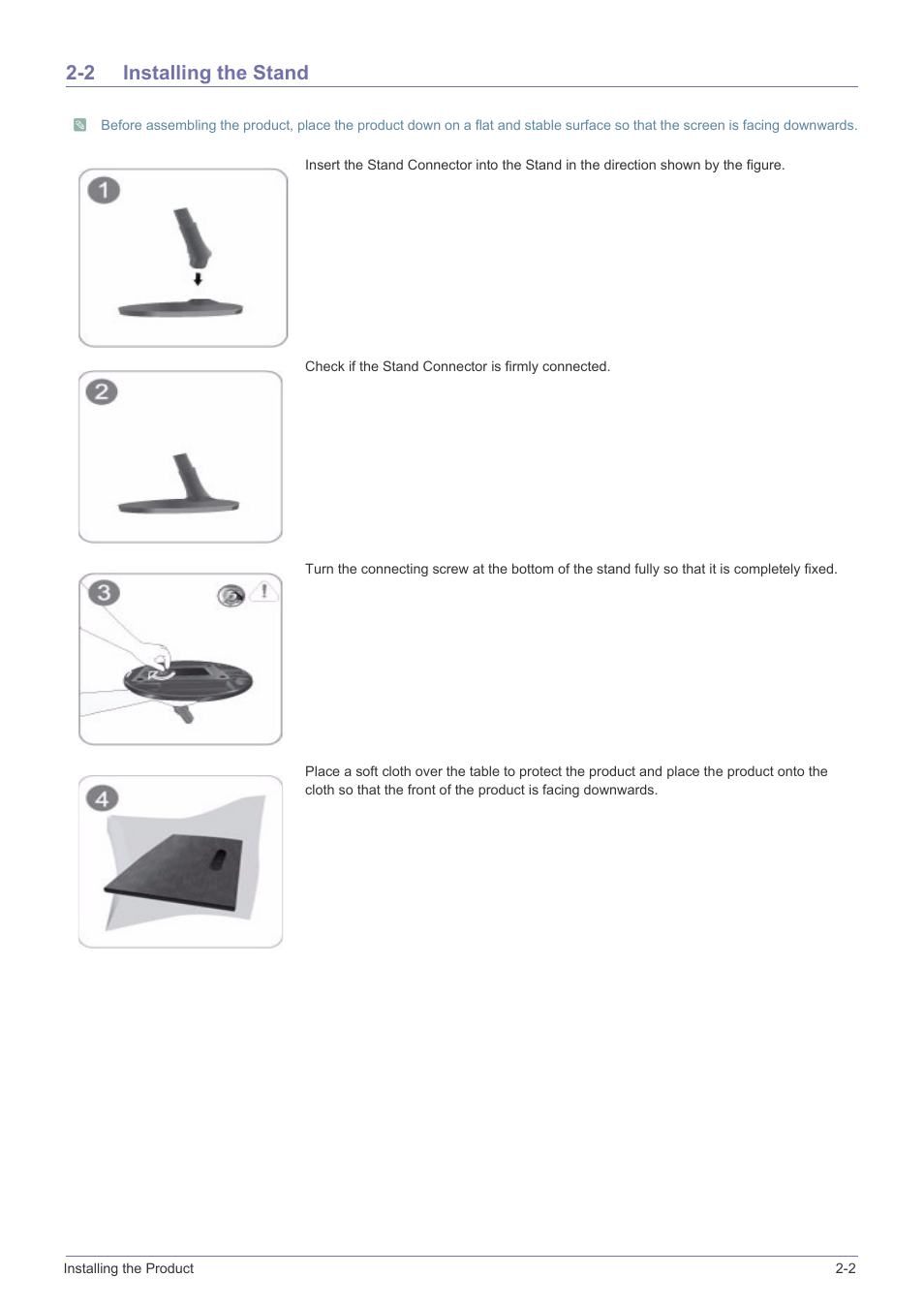 2 installing the stand, Installing the stand -2 | Samsung LS23A350BS-ZC User Manual | Page 13 / 87