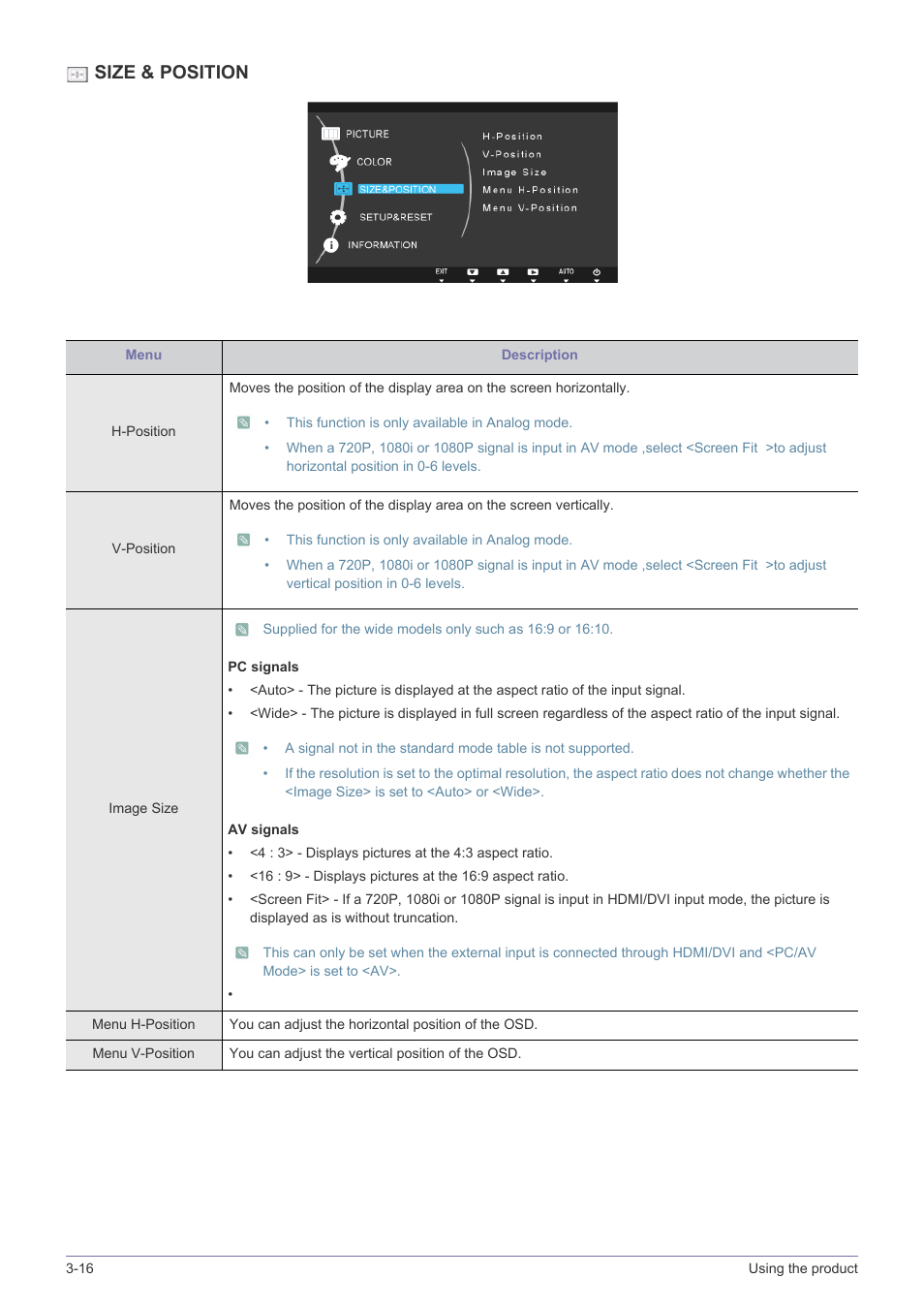 Size & position | Samsung LS23A350BS-ZC User Manual | Page 48 / 87