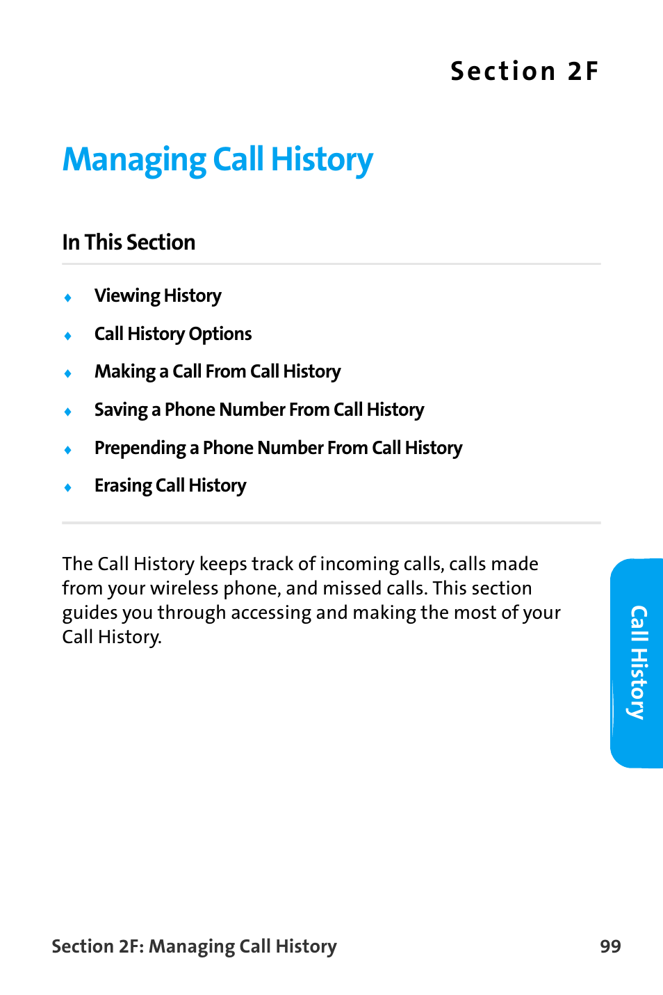 Managing call history, 2f. managing call history, Ca ll his tor y | Samsung SPH-A880TSAQST User Manual | Page 107 / 259