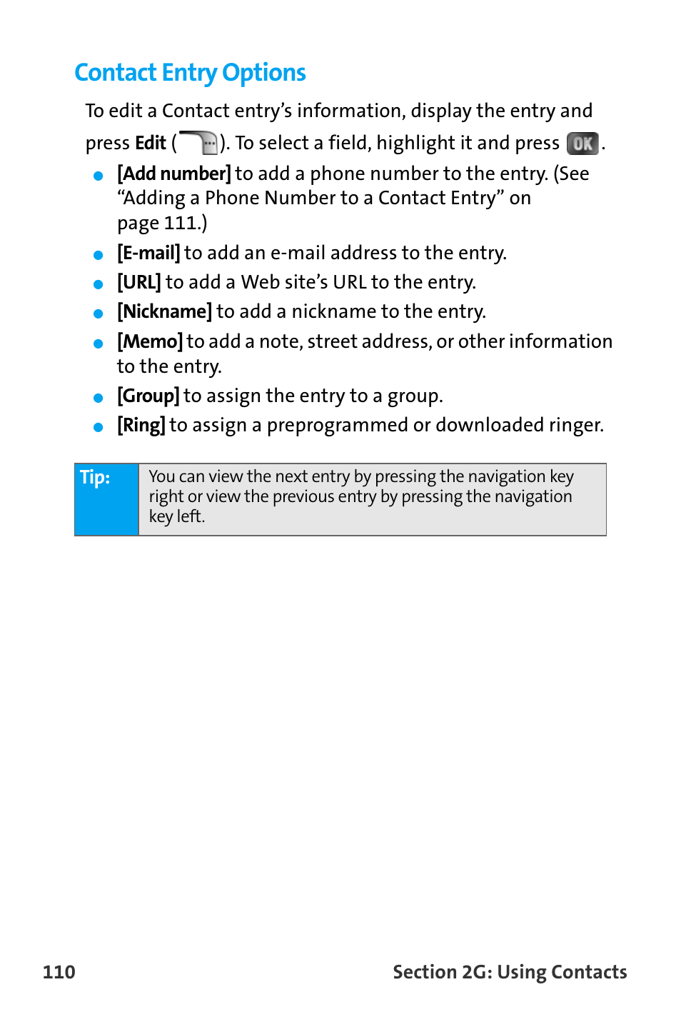 Contact entry options | Samsung SPH-A880TSAQST User Manual | Page 118 / 259