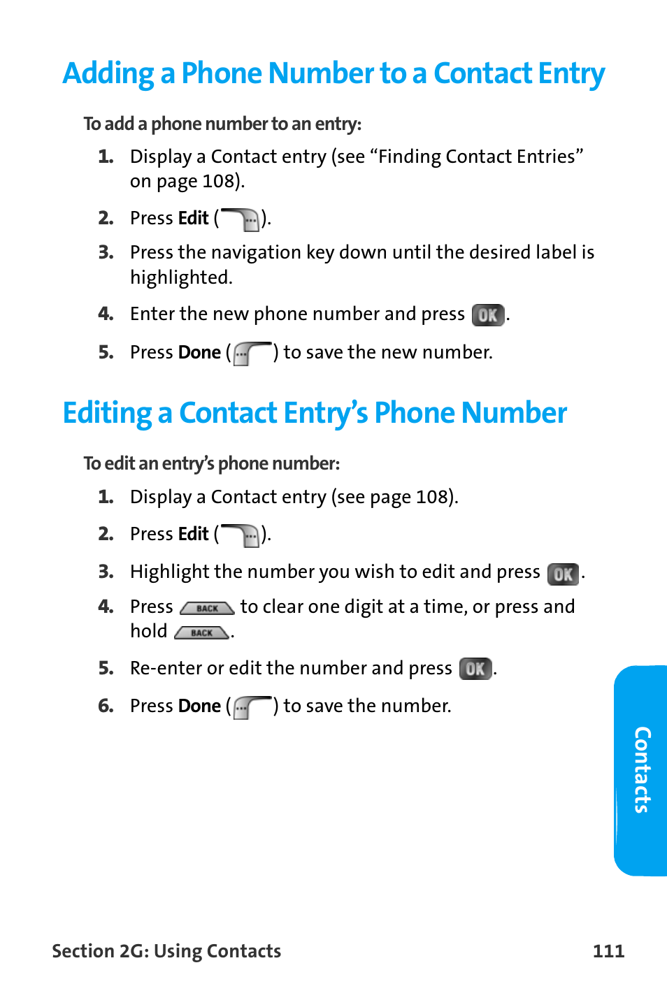 Adding a phone number to a contact entry, Editing a contact entry’s phone number | Samsung SPH-A880TSAQST User Manual | Page 119 / 259