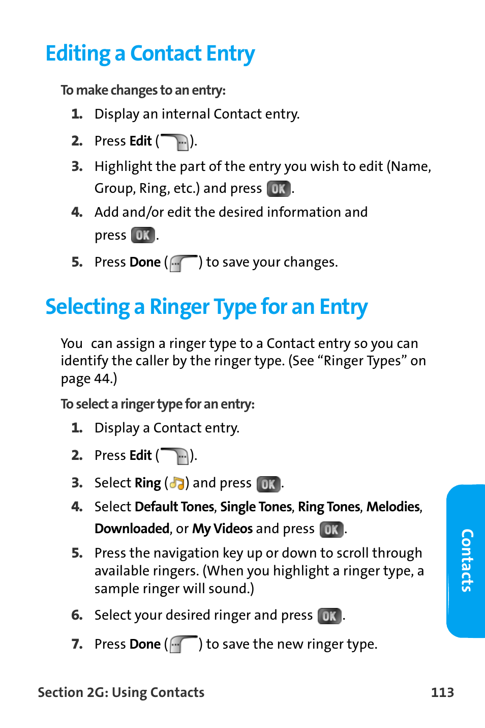 Editing a contact entry, Selecting a ringer type for an entry | Samsung SPH-A880TSAQST User Manual | Page 121 / 259