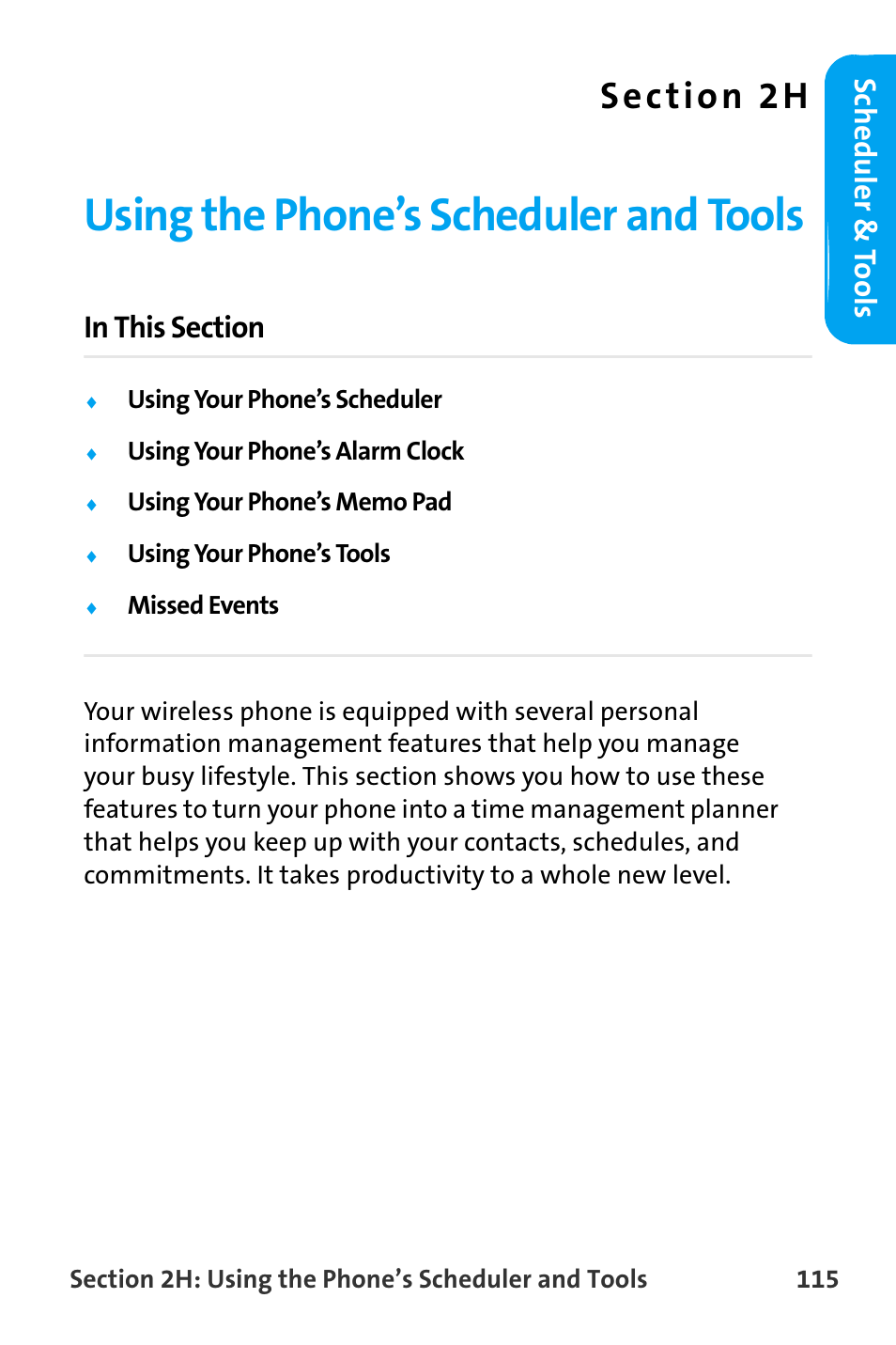 Using the phone’s scheduler and tools, 2h. using the phone’s scheduler and tools, Schedu ler & t o ols | Samsung SPH-A880TSAQST User Manual | Page 123 / 259