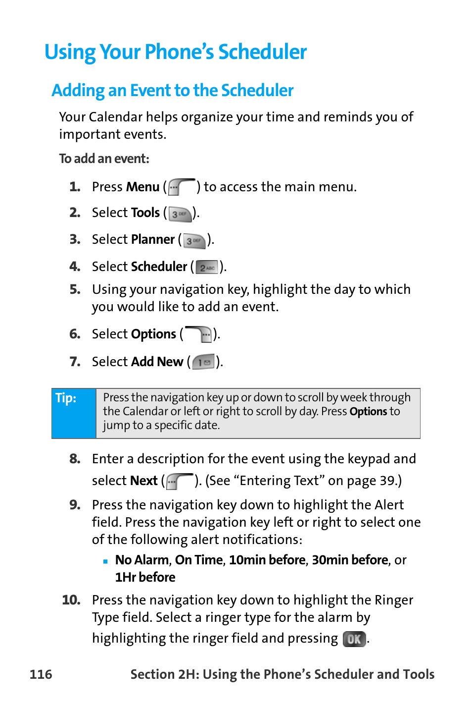 Using your phone’s scheduler, Adding an event to the scheduler | Samsung SPH-A880TSAQST User Manual | Page 124 / 259