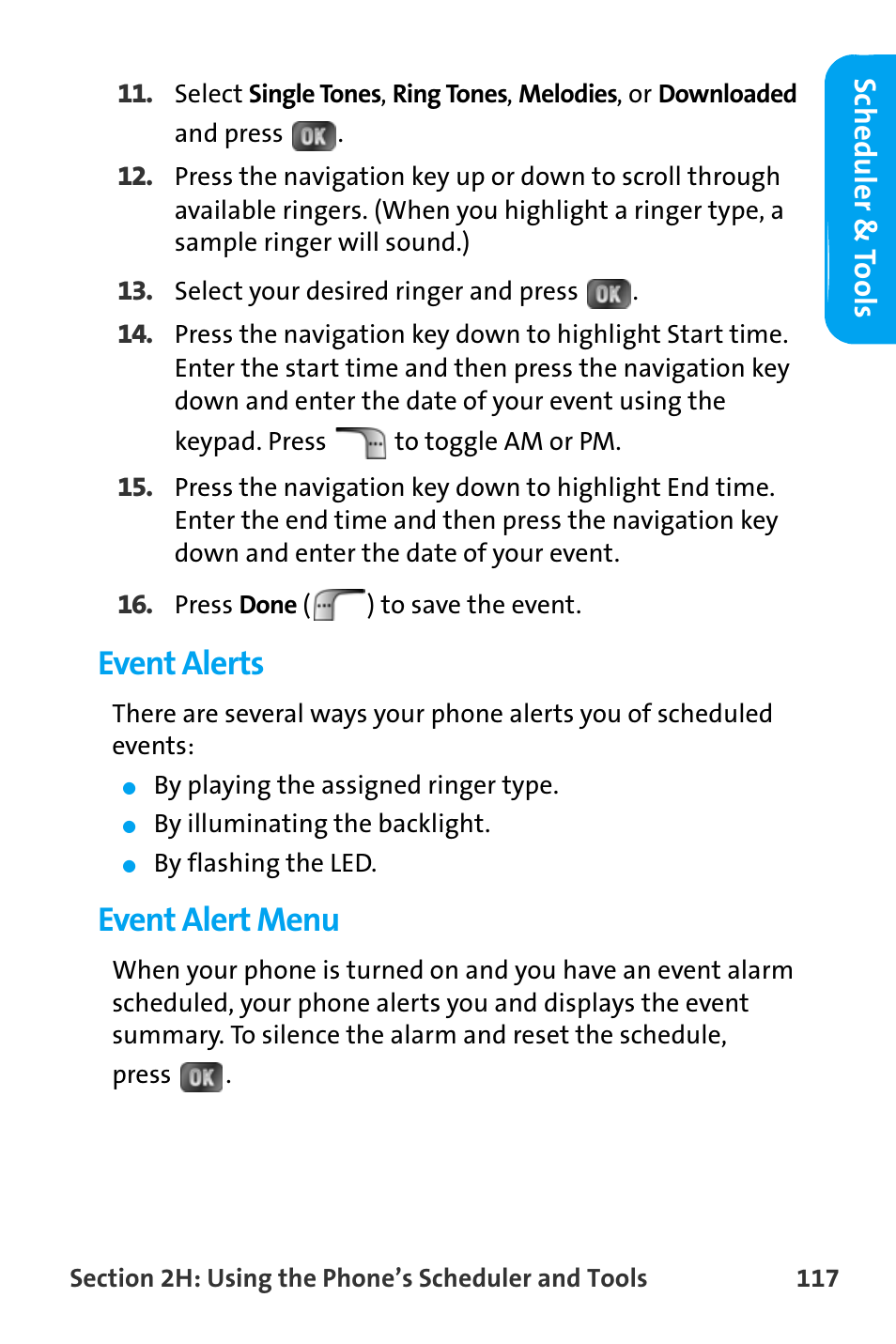 Event alerts, Event alert menu, Schedu ler & t o ols | Samsung SPH-A880TSAQST User Manual | Page 125 / 259