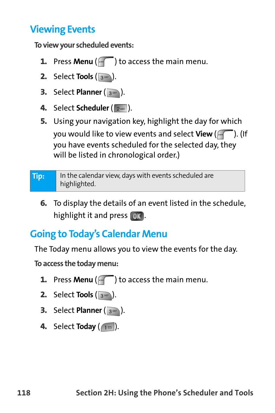 Viewing events, Going to today’s calendar menu | Samsung SPH-A880TSAQST User Manual | Page 126 / 259