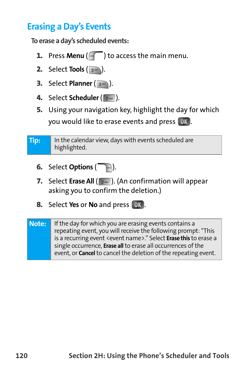 Erasing a day’s events | Samsung SPH-A880TSAQST User Manual | Page 128 / 259