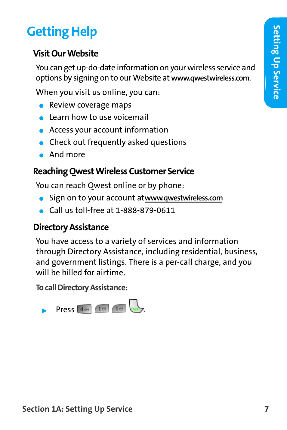 Getting help, Setting u p ser v ice, Visit our website | Reaching qwest wireless customer service, Directory assistance | Samsung SPH-A880TSAQST User Manual | Page 15 / 259