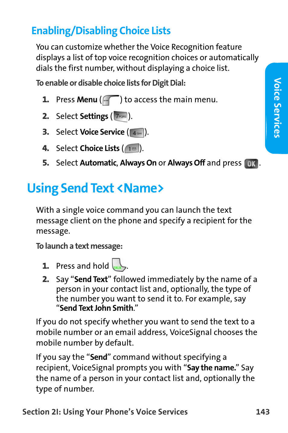 Enabling/disabling choice lists, Using send text <name | Samsung SPH-A880TSAQST User Manual | Page 151 / 259