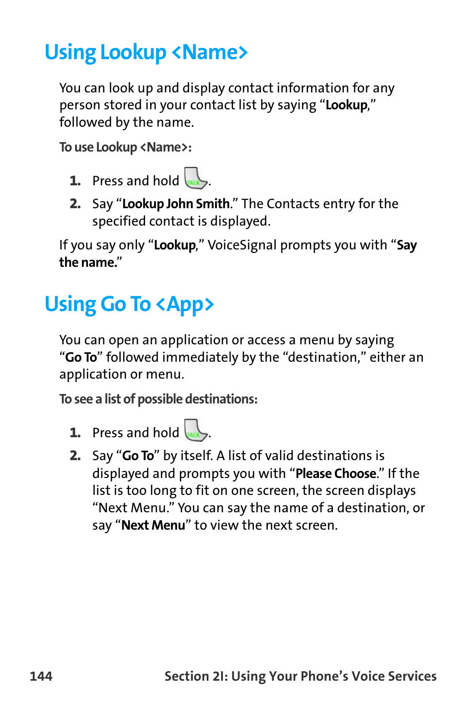 Using lookup <name, Using go to <app | Samsung SPH-A880TSAQST User Manual | Page 152 / 259