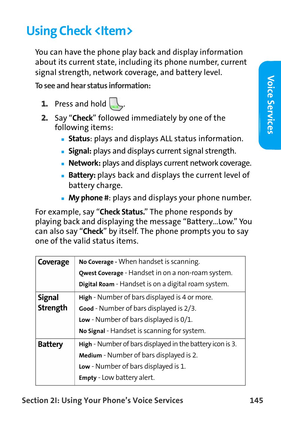 Using check <item, Vo ice ser v ices | Samsung SPH-A880TSAQST User Manual | Page 153 / 259