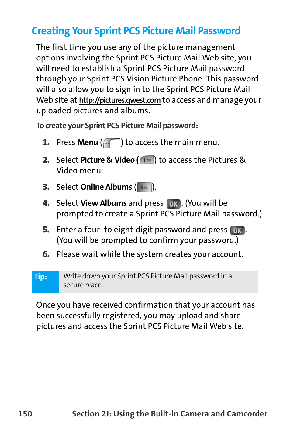 Creating your sprint pcs picture mail password | Samsung SPH-A880TSAQST User Manual | Page 158 / 259