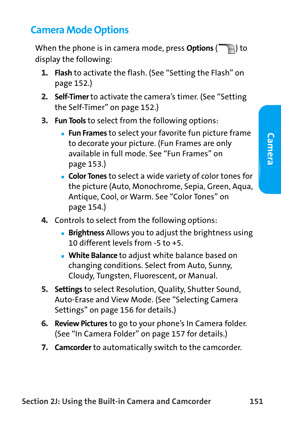 Camera mode options, Ca m e ra | Samsung SPH-A880TSAQST User Manual | Page 159 / 259