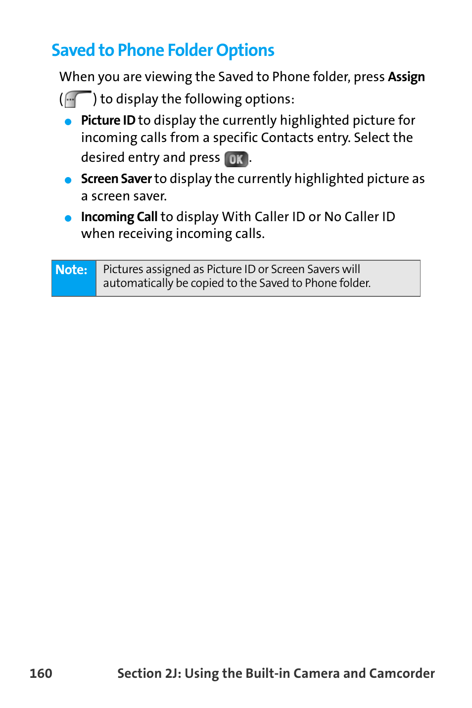 Saved to phone folder options | Samsung SPH-A880TSAQST User Manual | Page 168 / 259