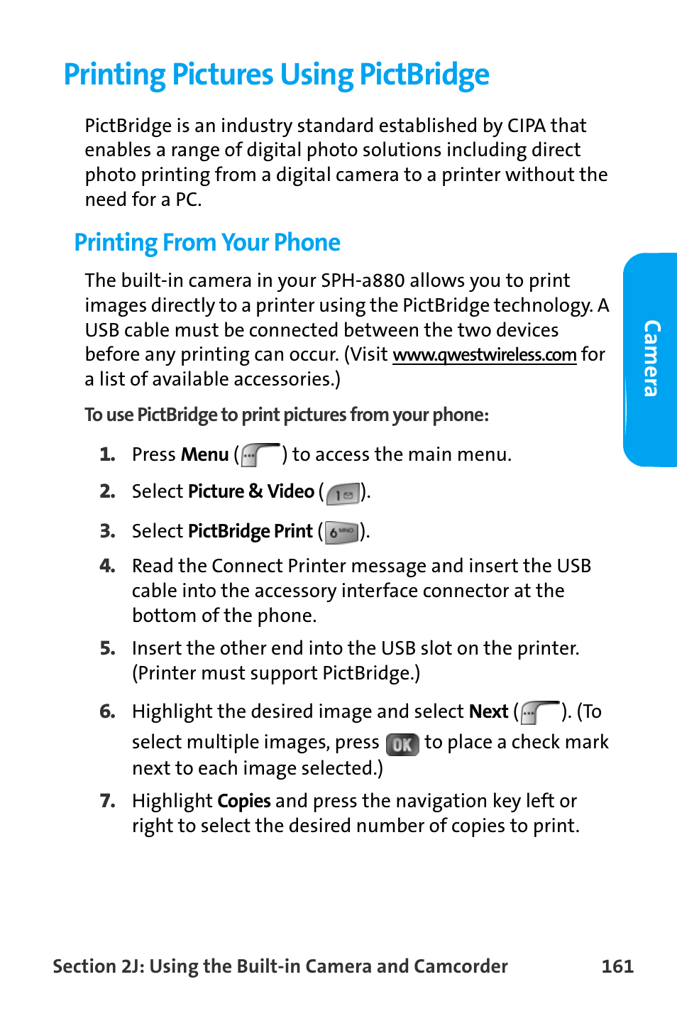 Printing pictures using pictbridge, Printing from your phone | Samsung SPH-A880TSAQST User Manual | Page 169 / 259