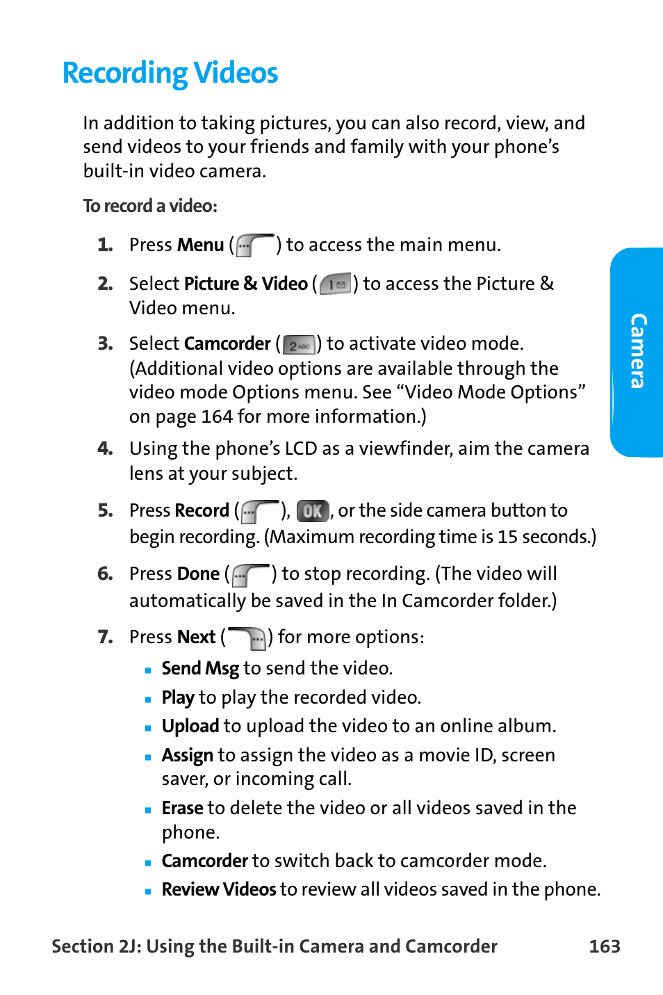 Recording videos, Ca m e ra | Samsung SPH-A880TSAQST User Manual | Page 171 / 259