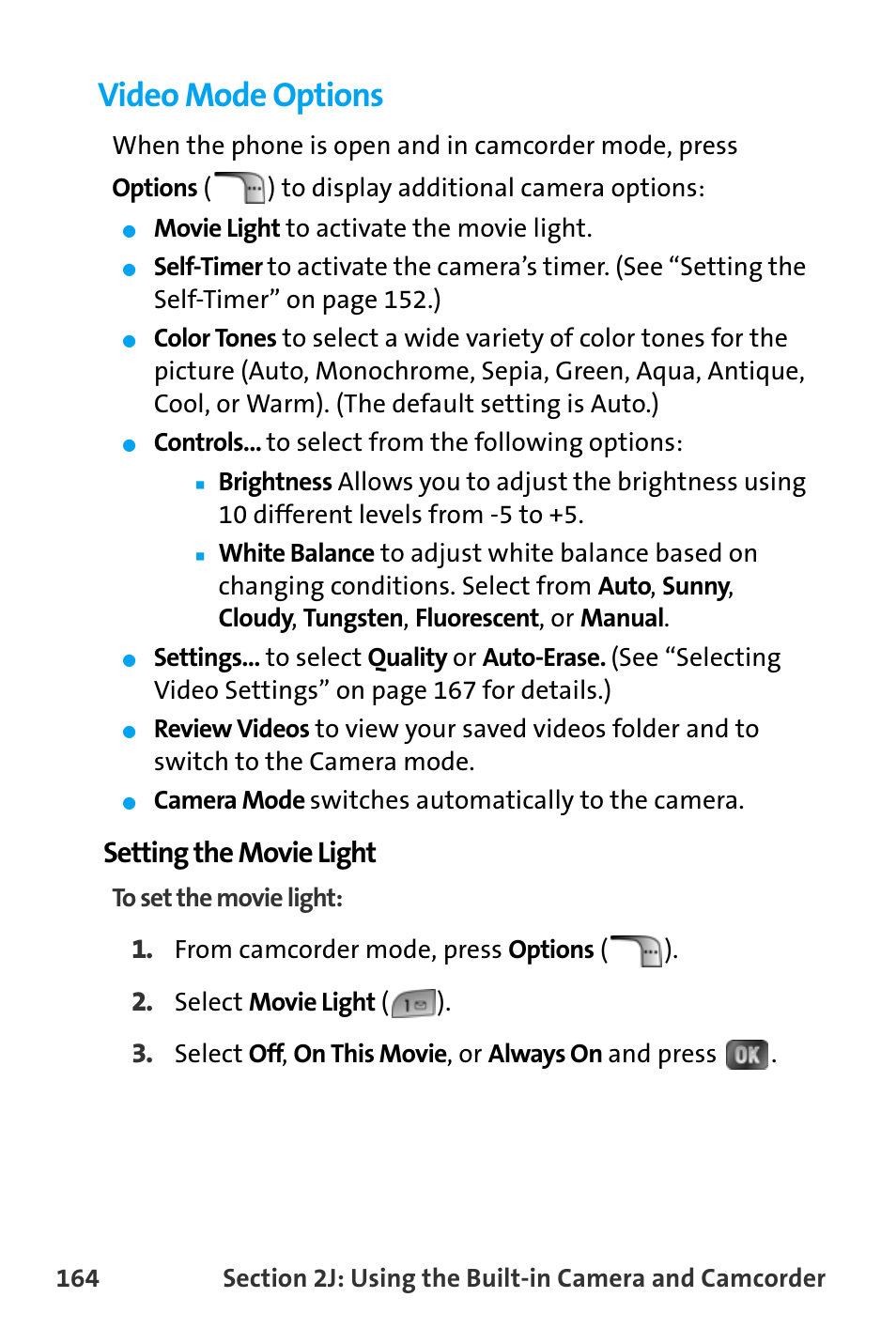 Video mode options, Setting the movie light | Samsung SPH-A880TSAQST User Manual | Page 172 / 259