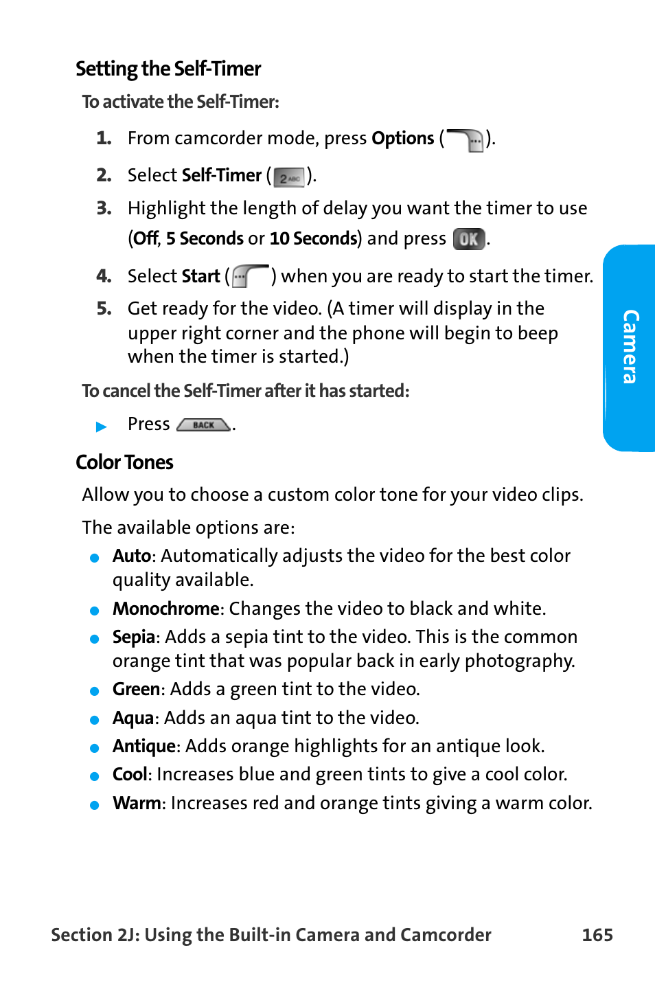 Ca m e ra, Setting the self-timer, Color tones | Samsung SPH-A880TSAQST User Manual | Page 173 / 259