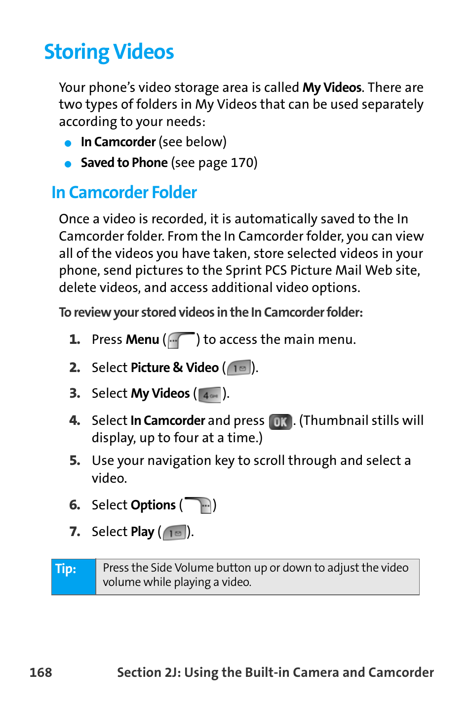 Storing videos, In camcorder folder | Samsung SPH-A880TSAQST User Manual | Page 176 / 259