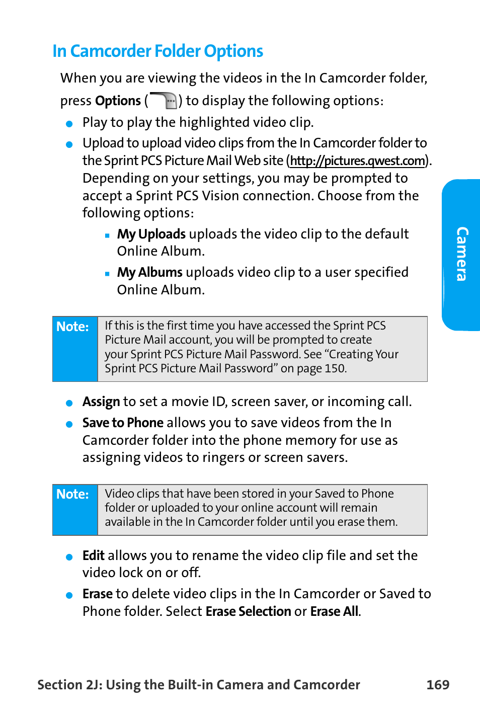 In camcorder folder options, Ca m e ra | Samsung SPH-A880TSAQST User Manual | Page 177 / 259