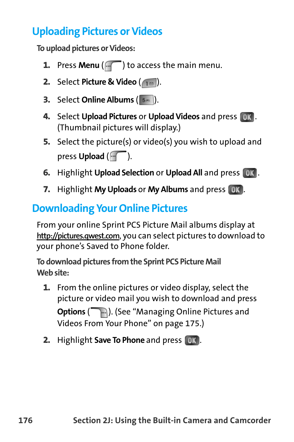 Uploading pictures or videos, Downloading your online pictures | Samsung SPH-A880TSAQST User Manual | Page 184 / 259