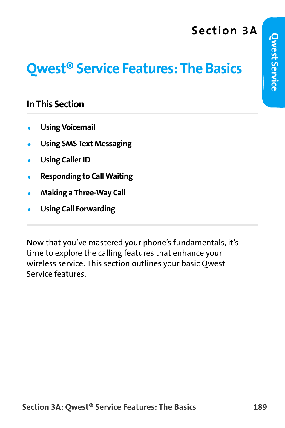 Qwest® service features: the basics, 3a. qwest® service features: the basics, Qw est ser vic e | Samsung SPH-A880TSAQST User Manual | Page 197 / 259