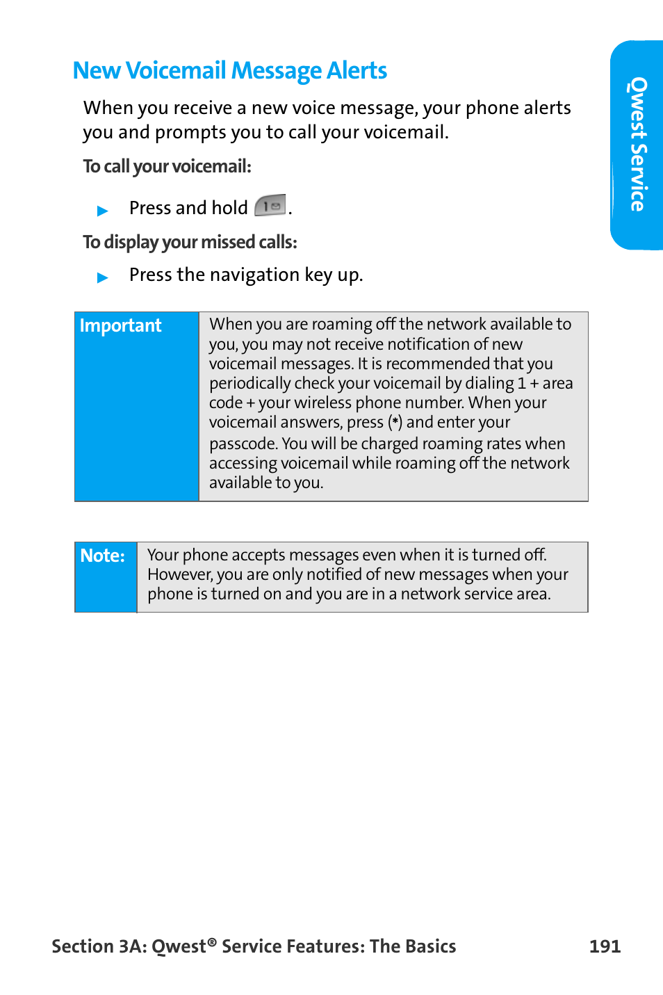 New voicemail message alerts, Qw est ser vic e | Samsung SPH-A880TSAQST User Manual | Page 199 / 259