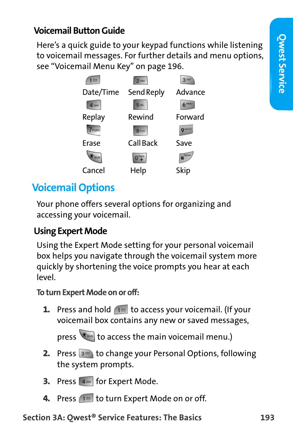 Voicemail options, Qw est ser vic e | Samsung SPH-A880TSAQST User Manual | Page 201 / 259